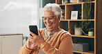 Smile, phone and elderly woman in home for email notification, text message or news in retirement. Mobile, senior person and reading article for online story, newsletter app or browsing website