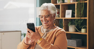 Buy stock photo Smile, phone and elderly woman in home for email notification, text message or news in retirement. Mobile, senior person and reading article for online story, newsletter app or browsing website