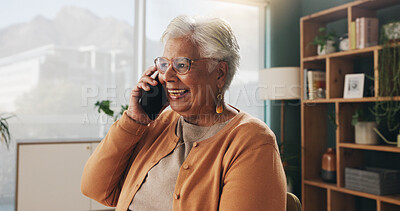 Buy stock photo Laugh, phone call and senior woman in home for communication, news or connection in retirement. Mobile, elderly person and talking to contact for funny story, joke and humor with gossip at apartment