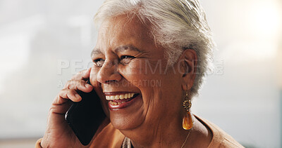 Buy stock photo Funny, phone call and elderly woman in home for communication, news or connection in retirement. Mobile, senior person and talking to contact for story, joke and laughing with gossip at apartment