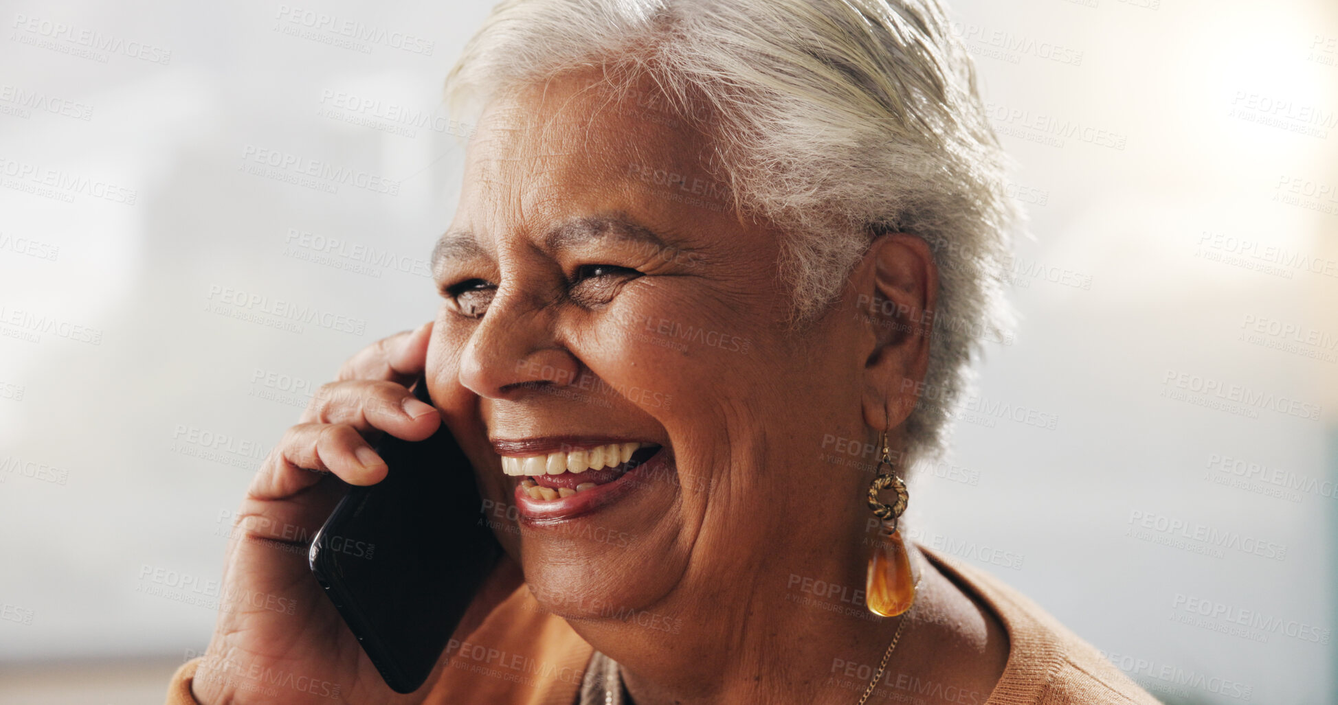 Buy stock photo Funny, phone call and elderly woman in home for communication, news or connection in retirement. Mobile, senior person and talking to contact for story, joke and laughing with gossip at apartment