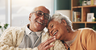 Buy stock photo Old couple and bonding with smile in house, retirement and laughing with partner on weekend or relax. Elderly people, embrace and comfortable with spouse, happy and funny conversation in living room