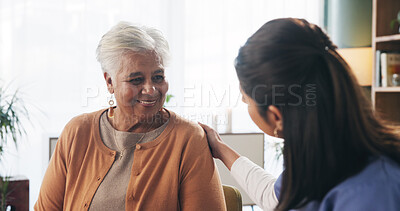 Buy stock photo Home, nurse and old woman with happy conversation, social wellness or support for health. Caregiver, retirement and senior person with smile for friendly discussion, kindness and medical advice