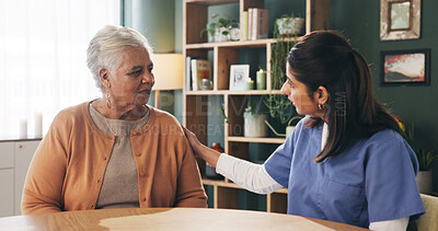 Buy stock photo Conversation, checkup and nurse with senior woman in retirement home for explaining medical diagnosis. Healthcare, support and caregiver with elderly patient for consultation at nursing facility.