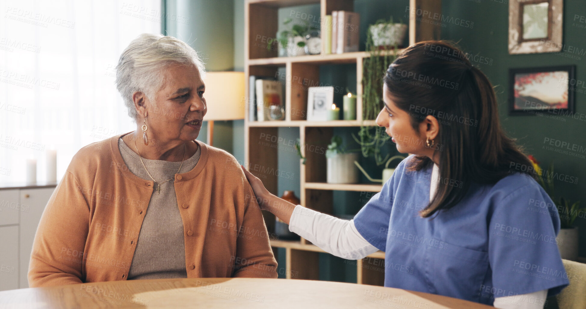 Buy stock photo Conversation, checkup and nurse with senior woman in retirement home for explaining medical diagnosis. Healthcare, support and caregiver with elderly patient for consultation at nursing facility.