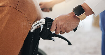 Buy stock photo Hands, healthcare and wheelchair with people in clinic together for healing, recovery or support. Assisted living, push and smart watch of nurse with patient in hospital for medical rehabilitation
