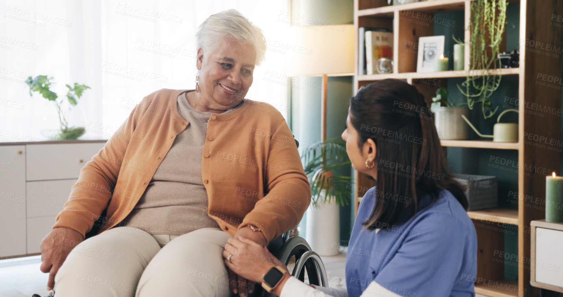 Buy stock photo Conversation, nurse and senior woman in wheelchair at retirement home for medical support. Healthcare, happy and elderly female person with disability in house for consultation with caregiver.