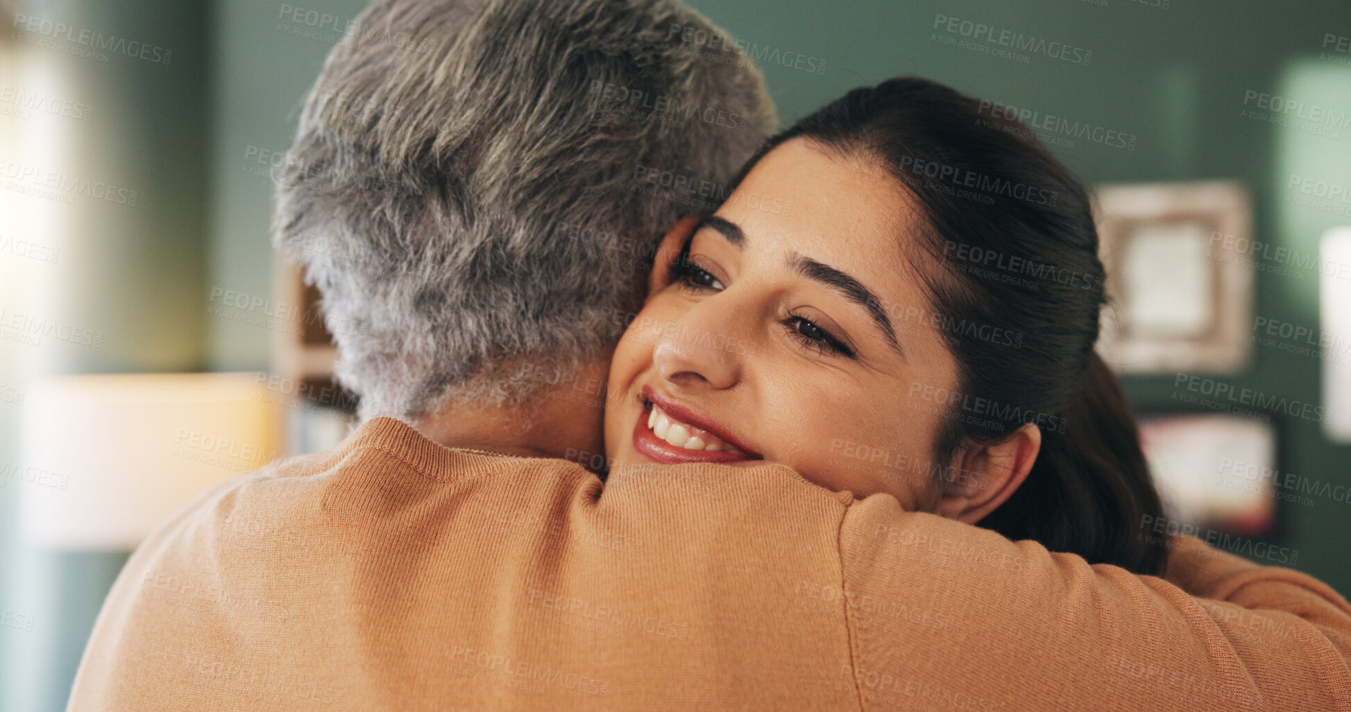 Buy stock photo Healthcare, hug and smile of nurse with old person in retirement home for assisted living. Medical, support and thank you with caregiver embracing senior patient in apartment for rehabilitation