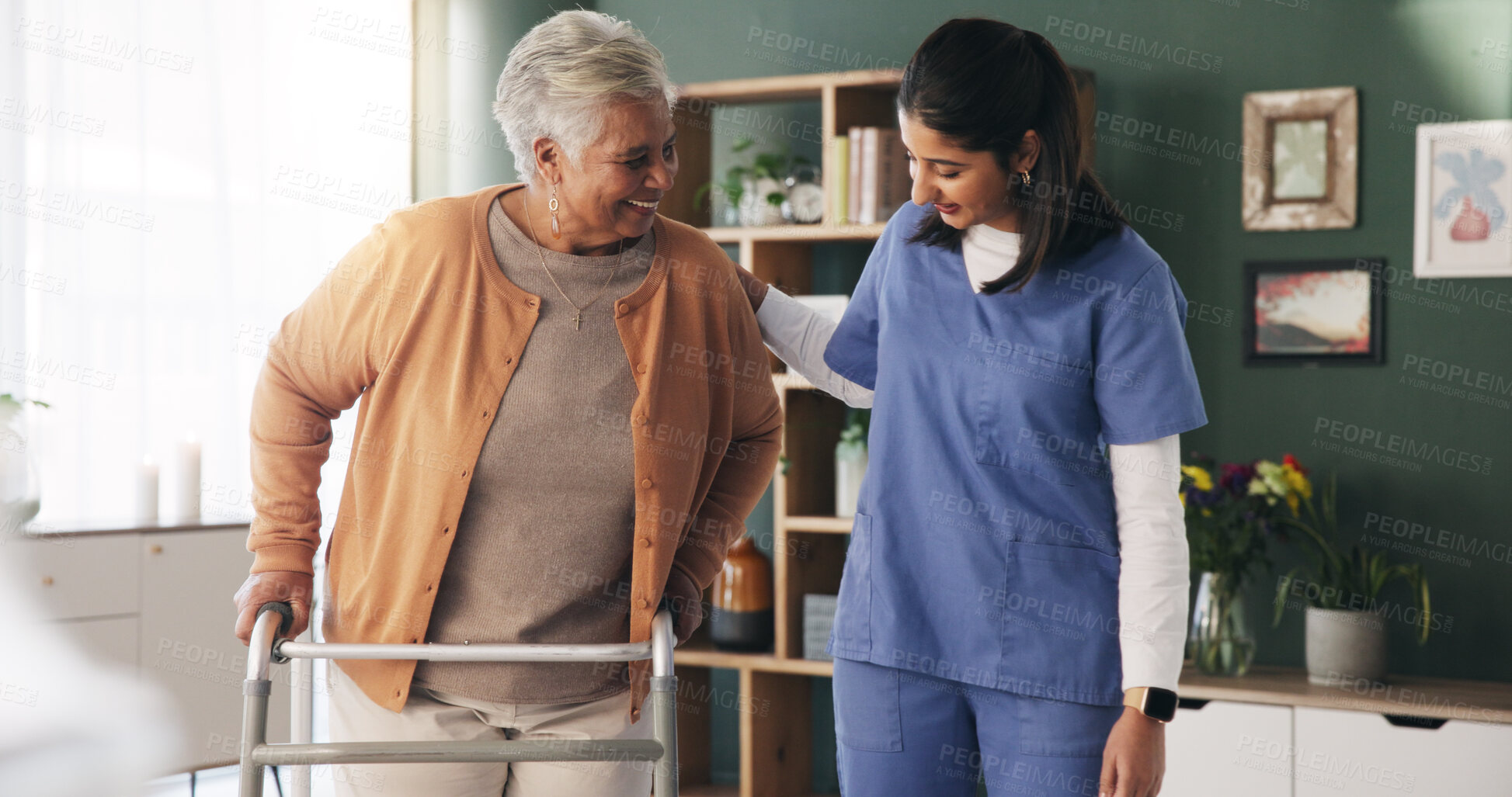Buy stock photo Support, nurse and senior woman with walker, health or conversation for recovery progress in home. Caregiver, happy and elderly person with disability, mobility help or walking frame in retirement