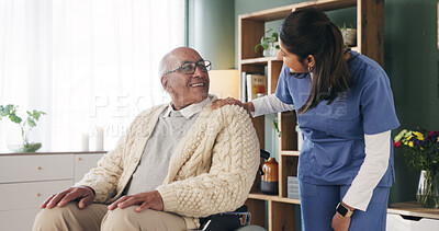 Buy stock photo Conversation, nurse and senior man in wheelchair at retirement home for medical support. Comfort, happy and elderly male person with disability in house for healthcare consultation with caregiver.