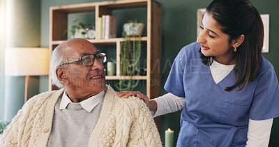 Buy stock photo Home, nurse and senior man with happy conversation, retirement and support for wellness. Caregiver, talking and elderly patient with smile for friendly discussion, advice and medical service