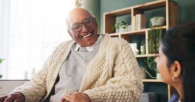 Buy stock photo Laughing, caregiver and senior man in nursing home for support, bonding and humor for elderly care. Happy, nurse or old person with funny conversation in retirement center, joke or trust for wellness