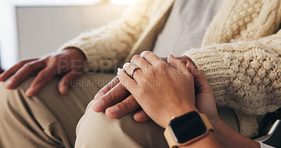 Buy stock photo Comfort, hands and nurse with senior patient in retirement home for support or wellness. Healthcare, medical or rehabilitation with caregiver and old man in apartment for assisted living or consoling
