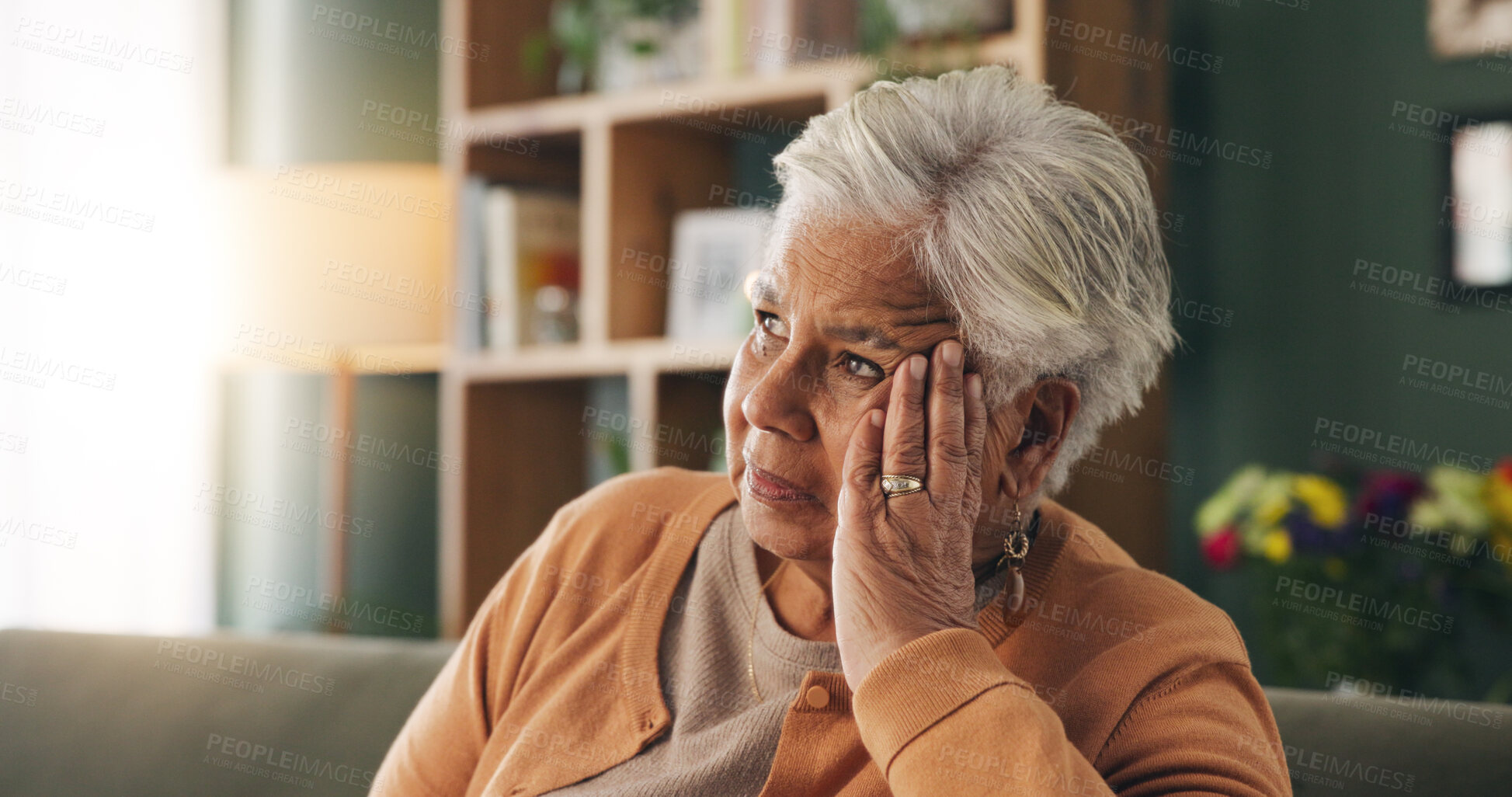 Buy stock photo Thinking, stress and senior woman on sofa in home with planning, retirement funds or savings. Ideas, choice and elderly female person with decision, pension or finance in living room at house.