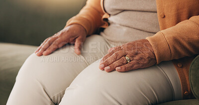 Buy stock photo Hands, retirement and senior woman on sofa in living room of home for contemplation or wellness. Break, thinking and waiting with old person in apartment lounge for memories, nostalgia or relax