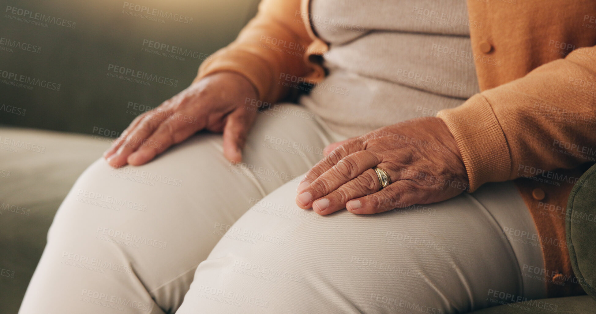 Buy stock photo Hands, retirement and senior woman on sofa in living room of home for contemplation or wellness. Break, thinking and waiting with old person in apartment lounge for memories, nostalgia or relax