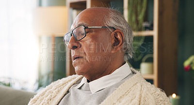 Buy stock photo Tired, sleeping and old man in living room with rest, glasses and peaceful retirement in nursing home. Elderly person, fatigue and relax on couch wellness, calm and afternoon nap for stress relief.