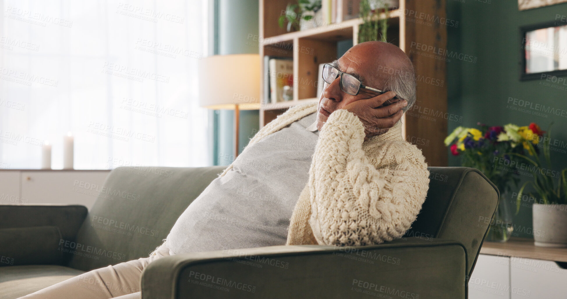 Buy stock photo Tired, sleeping and senior man in living room with rest, glasses and peaceful retirement in nursing home. Elderly person, fatigue and relax on couch wellness, calm or afternoon nap for stress relief.