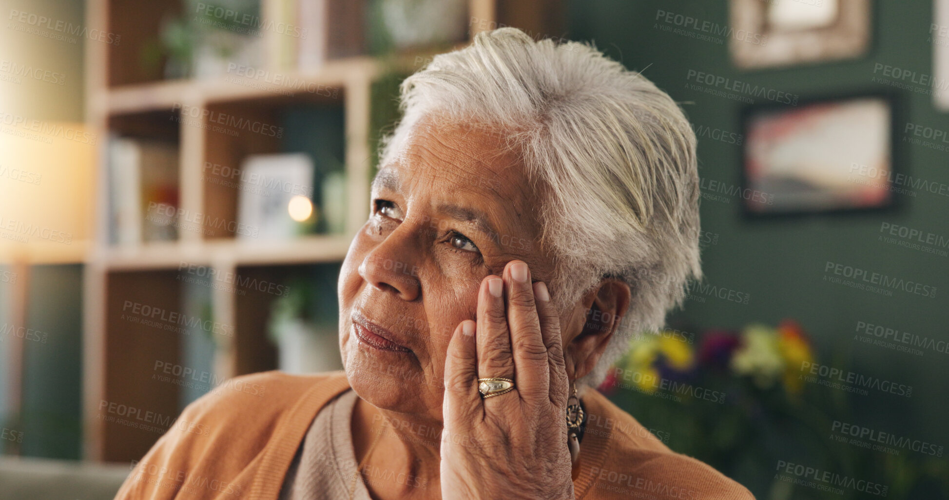 Buy stock photo Thinking, doubt and senior woman on sofa in home with planning retirement funds or savings. Stress, choice and elderly female person with decision for pension finance in living room at house.
