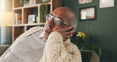 Buy stock photo Thinking, stress and senior man on sofa in home with planning retirement funds or savings. Doubt, choice and elderly male person with decision for pension finance in living room at apartment.