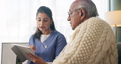 Buy stock photo Tablet, nurse and senior man in home for healthcare update, review results and assisted living. Tech, caregiver and elderly patient at house for consultation, medical feedback or report in retirement