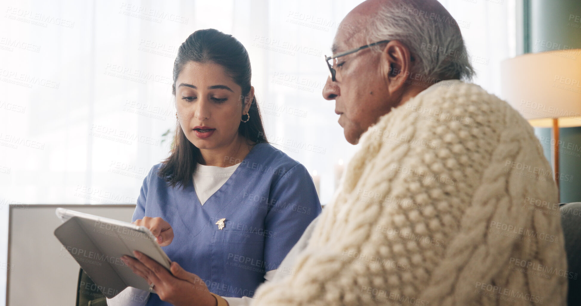 Buy stock photo Tablet, nurse and senior man in home for healthcare update, review results and assisted living. Tech, caregiver and elderly patient at house for consultation, medical feedback or report in retirement