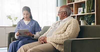 Buy stock photo Tablet, caregiver and senior man in home for healthcare update, review results and assisted living. Tech, nurse and elderly patient at house for homecare, medical feedback or report in retirement
