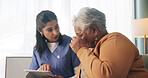 Tablet, nurse and senior woman in home for healthcare update, review results and assisted living. Tech, caregiver and elderly patient at house for homecare, medical advice or report in retirement