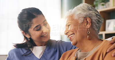 Buy stock photo Healthcare, hug and support of nurse with old woman in retirement home for assisted living. Medical, smile and thank you with senior person embracing caregiver in apartment for rehabilitation