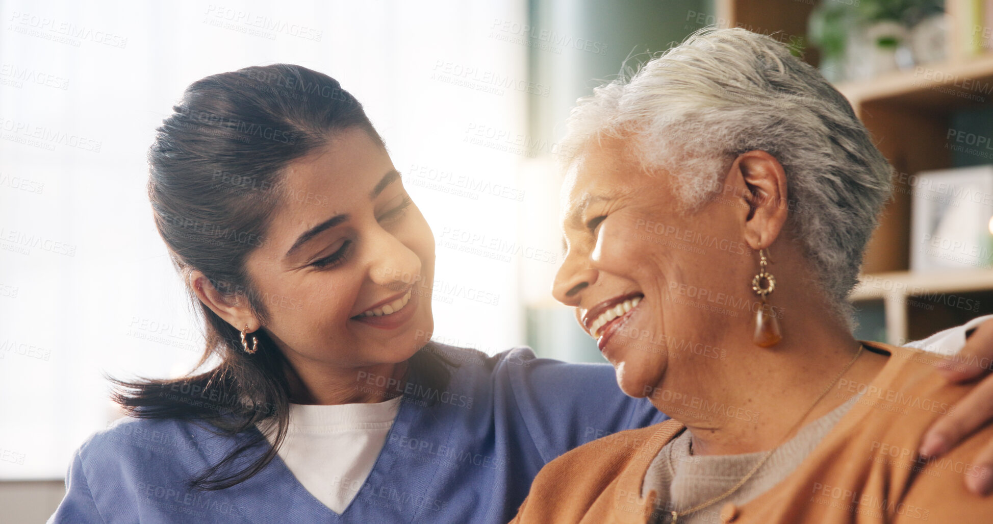 Buy stock photo Healthcare, hug and support of nurse with old woman in retirement home for assisted living. Medical, smile and thank you with senior person embracing caregiver in apartment for rehabilitation