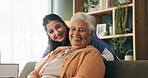 Portrait, relax and senior woman with nurse in retirement home for assisted living or elderly care. Healthcare, smile and happy old person in apartment with caregiver for recovery or rehabilitation