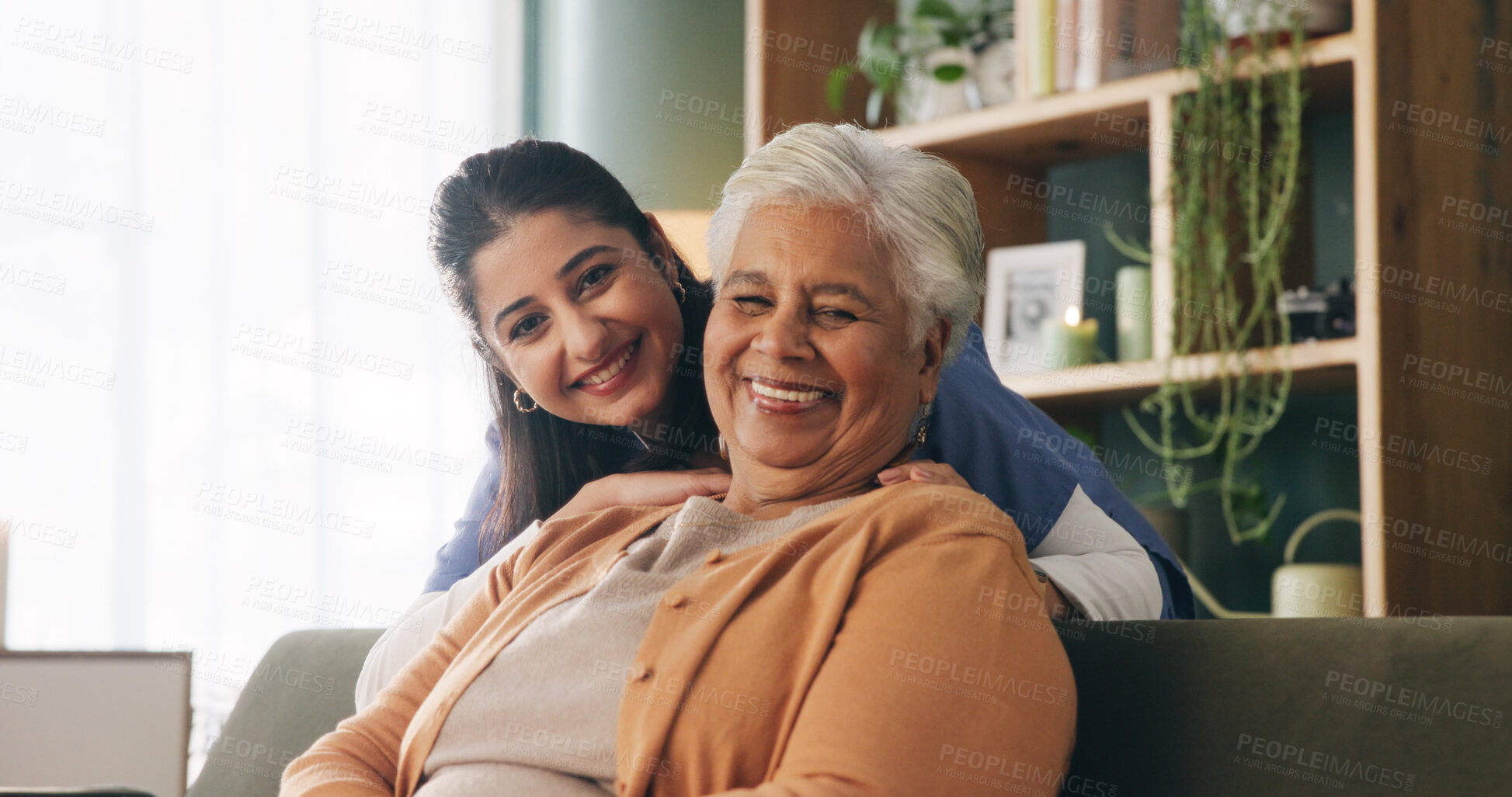 Buy stock photo Portrait, relax and senior woman with nurse in retirement home for assisted living or elderly care. Healthcare, smile and happy old person in apartment with caregiver for recovery or wellness