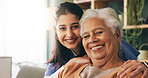 Portrait, nurse or senior woman with hug in nursing home, elderly care or trust for emotional support. Smile, caregiver or old person with embrace for retirement wellness, assisted living or bonding