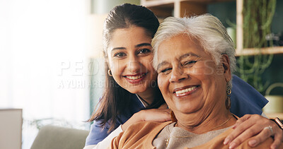 Buy stock photo Portrait, nurse or senior woman with hug in nursing home, elderly care or trust for emotional support. Smile, caregiver or old person with embrace for retirement wellness, assisted living or bonding