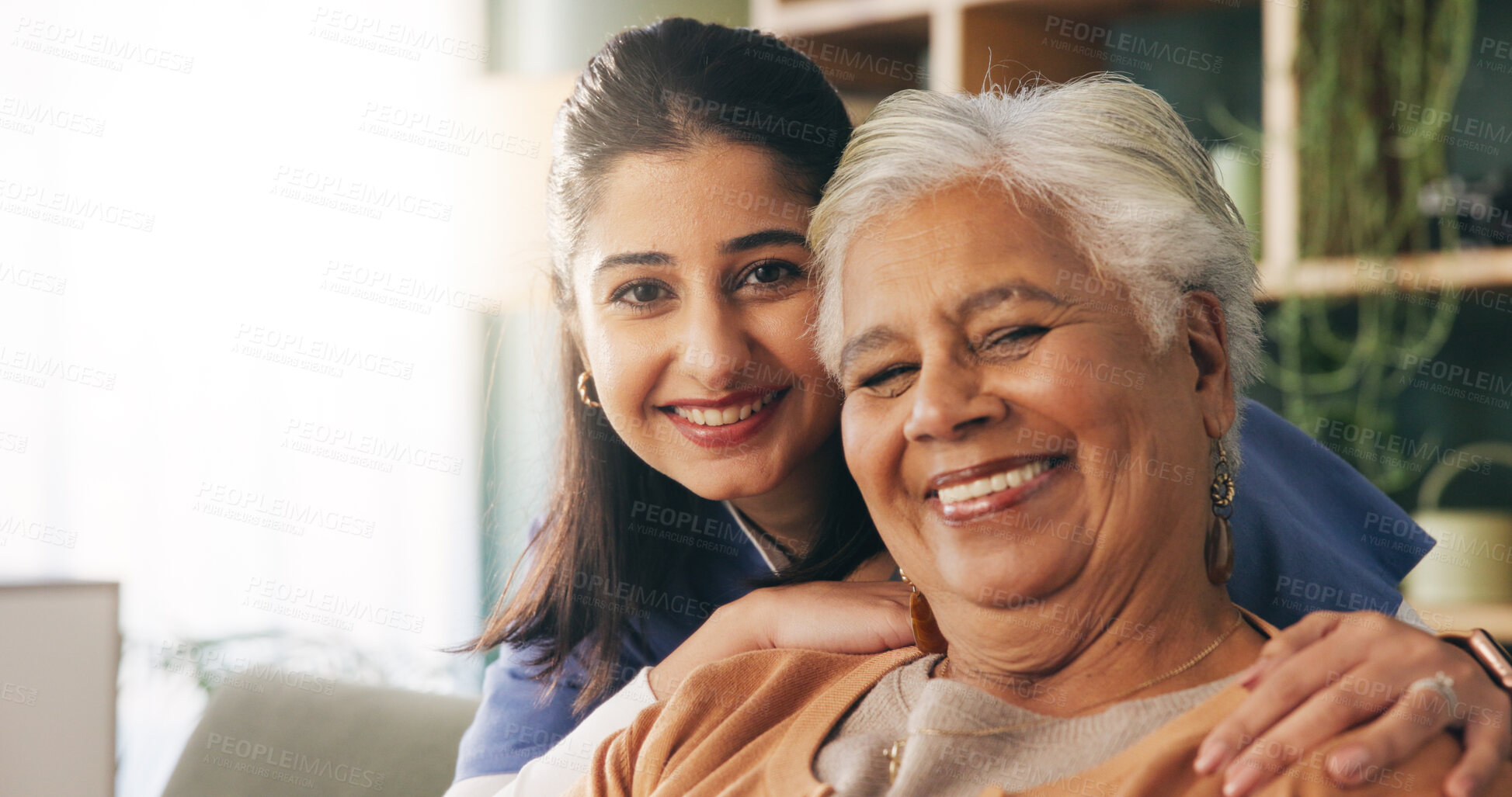 Buy stock photo Portrait, nurse or senior woman with hug in nursing home, elderly care or trust for emotional support. Smile, caregiver or old person with embrace for retirement wellness, assisted living or bonding