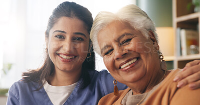 Buy stock photo Portrait, caregiver and senior woman with hug in nursing home, elderly care and support for bonding. Smile, nurse and old person with embrace for retirement wellness, assisted living center and trust
