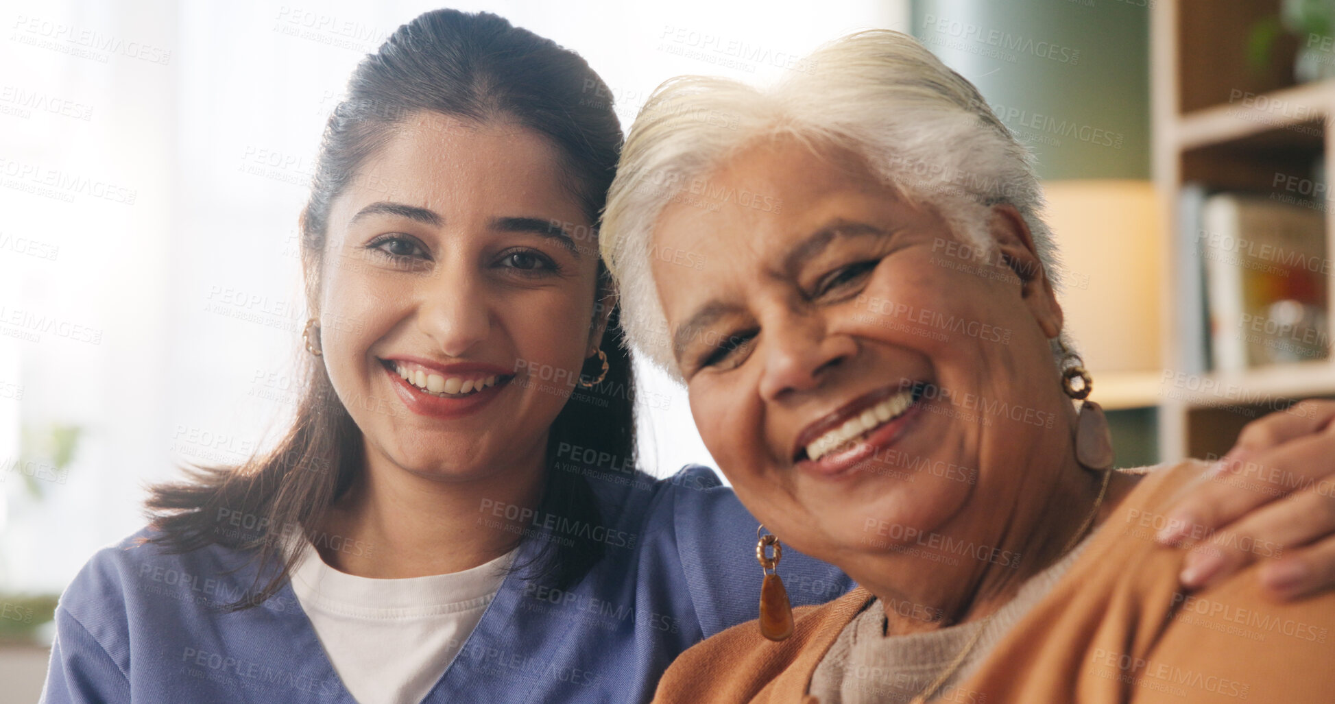 Buy stock photo Portrait, caregiver and senior woman with hug in nursing home, elderly care and support for bonding. Smile, nurse and old person with embrace for retirement wellness, assisted living center and trust