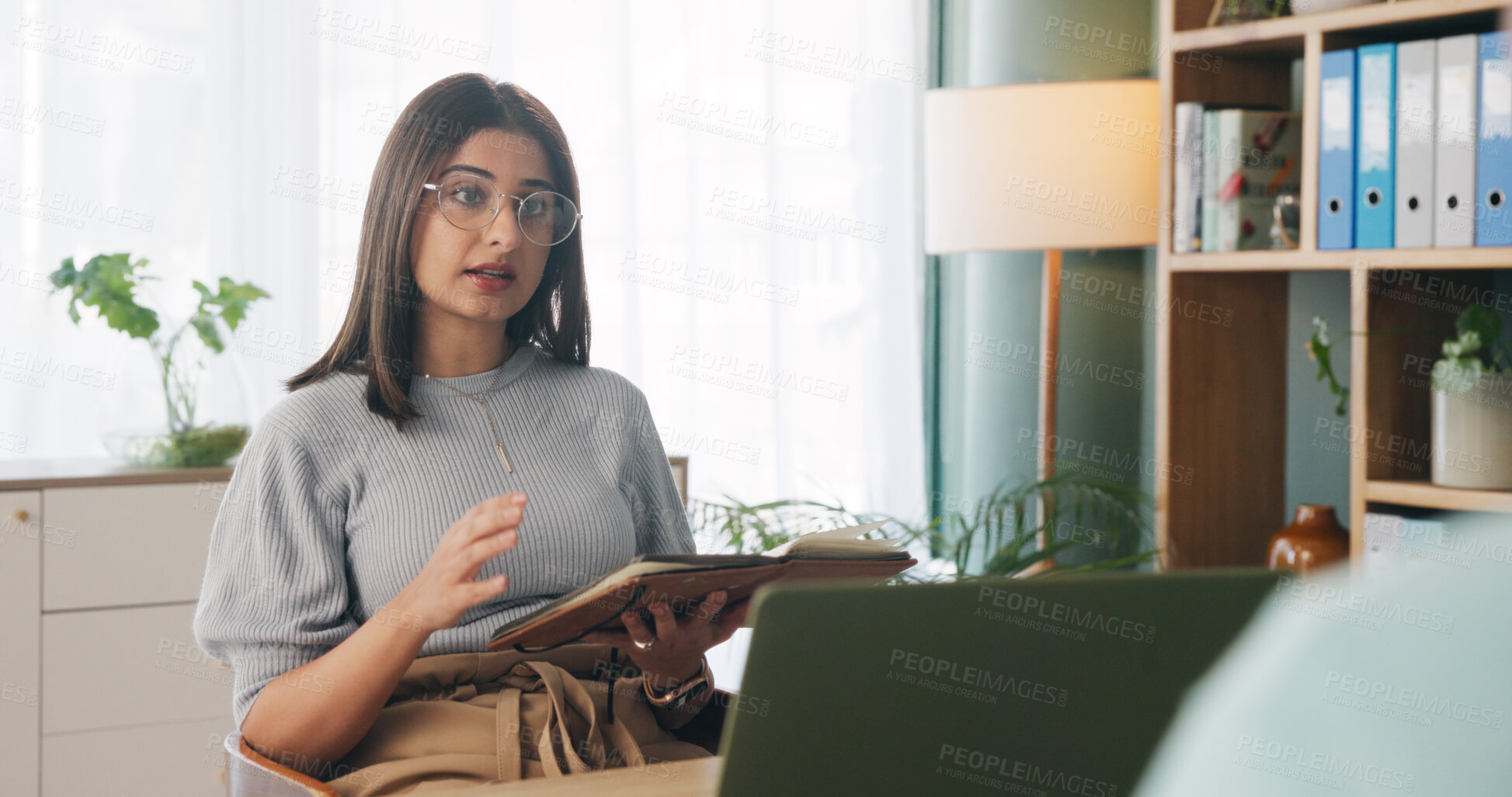 Buy stock photo Woman, consultation and notebook in office with client advice, laptop and risk assessment for insurance. Person, talk and diary in meeting with conversation, terms and conditions for policy cover.