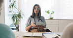 Doctor, discussion and people in consultation with tablet, advice and research for medical diagnosis. Healthcare worker, patient and conversation in office with tech, help and test results feedback.