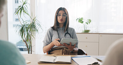 Buy stock photo Doctor, discussion and people in consultation with tablet, advice and research for medical diagnosis. Healthcare worker, patient and conversation in office with tech, help and test results feedback.
