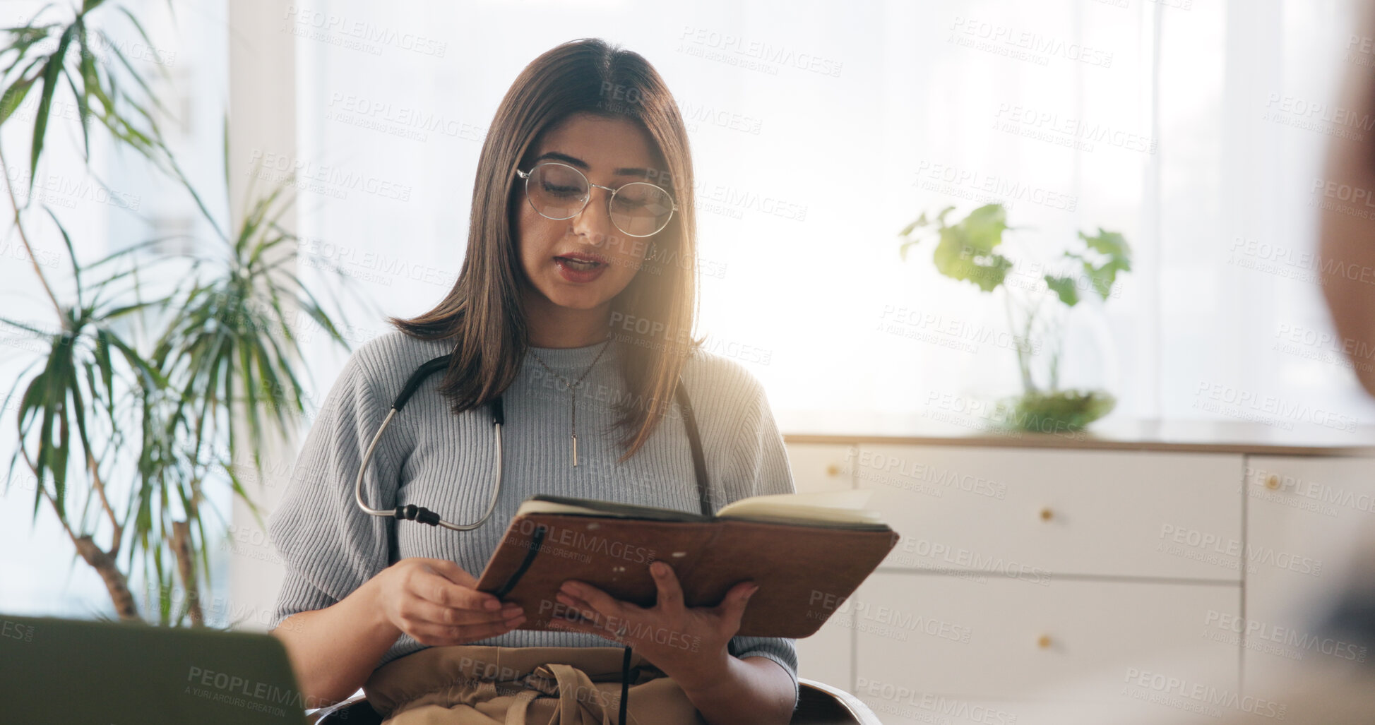 Buy stock photo Doctor, patient and discussion in consultation with notebook, plan and advice for medical diagnosis. Healthcare worker, people and conversation in office with diary, appointment and test results.