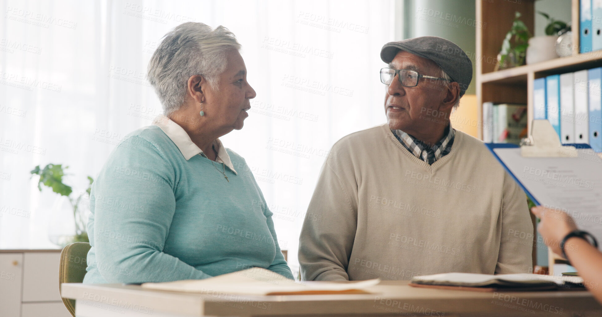 Buy stock photo Office, paperwork or old couple with consultant for discussion, will planning or beneficiary update. Talking, insurance agent or senior people with power of attorney contract, policy help or advice