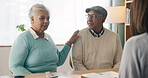 Office, discussion or old couple with consultant for appointment, will planning or beneficiary update. Support, insurance agent or senior people with power of attorney contract, policy help or advice
