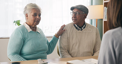 Buy stock photo Office, discussion or old couple with consultant for appointment, will planning or beneficiary update. Support, insurance agent or senior people with power of attorney contract, policy help or advice