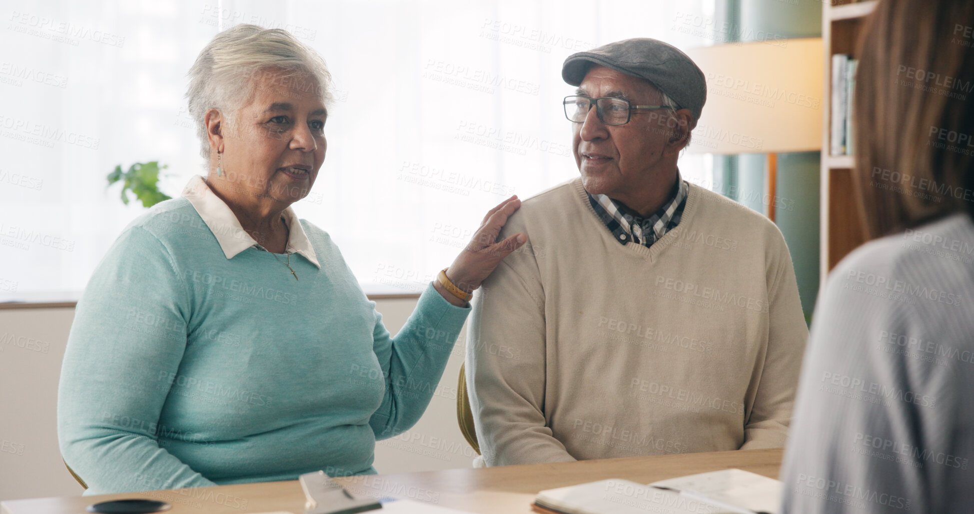 Buy stock photo Office, discussion or old couple with consultant for appointment, will planning or beneficiary update. Support, insurance agent or senior people with power of attorney contract, policy help or advice