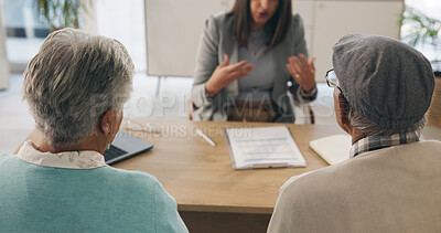 Buy stock photo Office, document or old couple with consultant for appointment, will planning or beneficiary update. Talking, insurance agent or senior people with power of attorney contract, policy help or advice