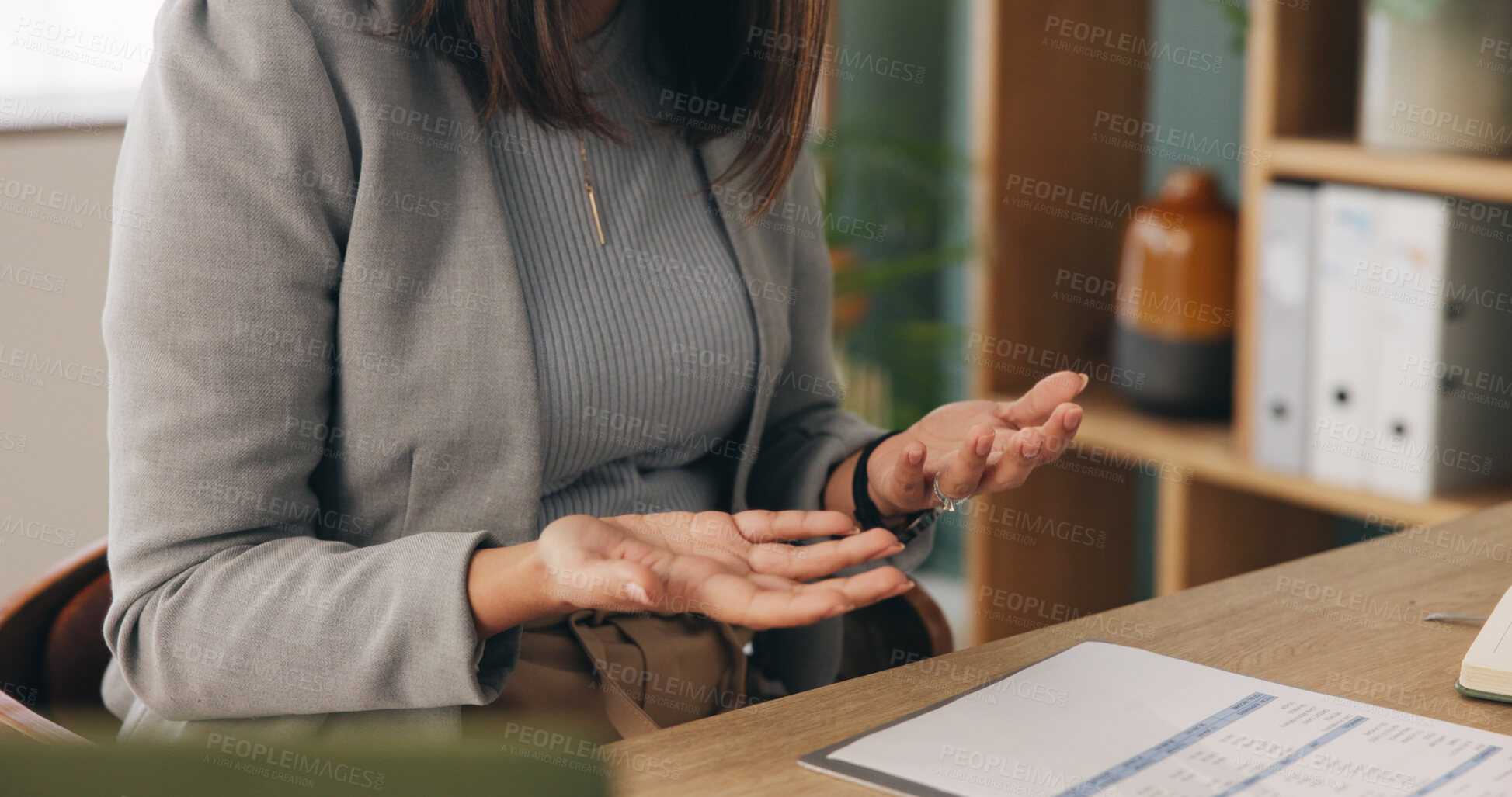 Buy stock photo Documents, finance and question with hands of person in office for audit or tax review. Business, debt and paperwork with confused employee at desk in financial workplace for invoice or statement