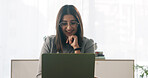 Businesswoman, smile and reading in office with laptop, paralegal admin and good news for court case. Happy, law clerk or person in firm with computer, dispute resolution or review lawsuit settlement
