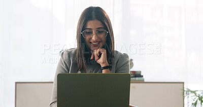 Buy stock photo Businesswoman, smile and reading in office with laptop, paralegal admin and good news for court case. Happy, law clerk or person in firm with computer, dispute resolution or review lawsuit settlement