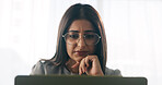 Research, online and businesswoman with laptop in office, serious or paralegal with glasses for info. Law firm, mockup space and person with tech for legal records, reading and preparing for trial